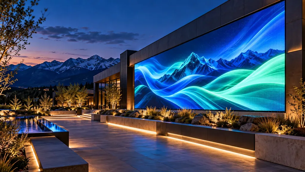 A large LED wall with flowing blue and green mountain graphics on a modern building at dusk.
