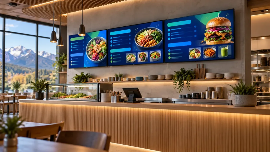Three digital menu boards above an oak restaurant counter, displaying food photography and blue and green menu layouts.