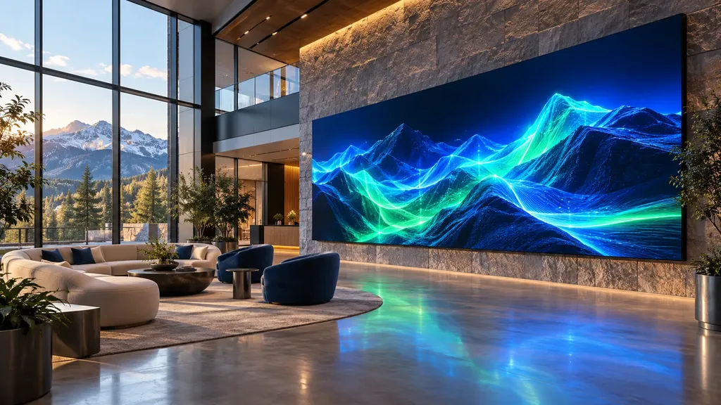 A seamless LED video wall showing blue and green mountain artwork in a bright, modern lobby.