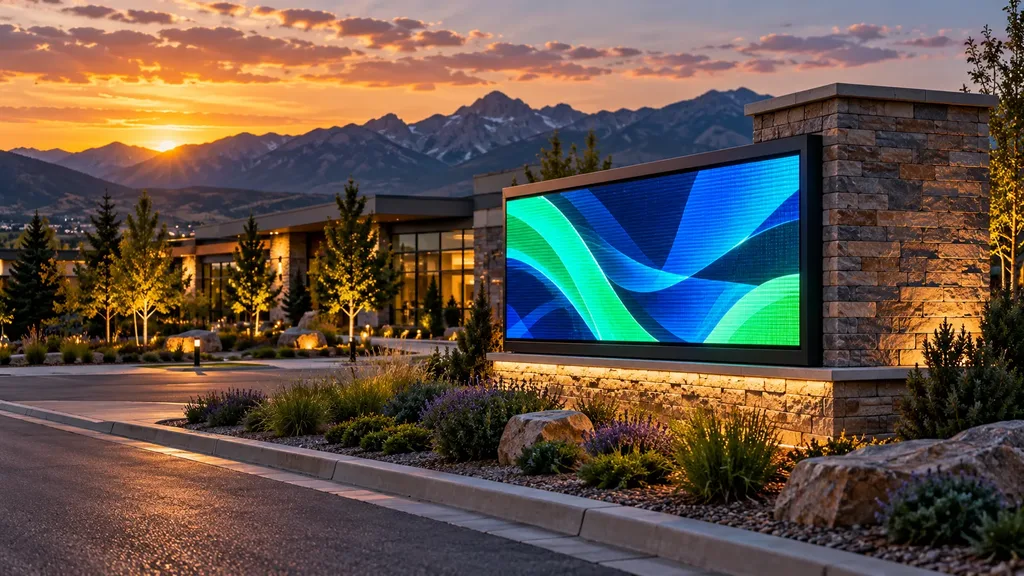 An outdoor LED display in a stone monument sign, with blue and green graphics and mountains beyond.
